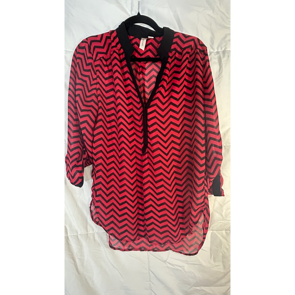 TACERA Women's‎ Red Black Chevron Print Sheer Blouse Shirt Top Size M
